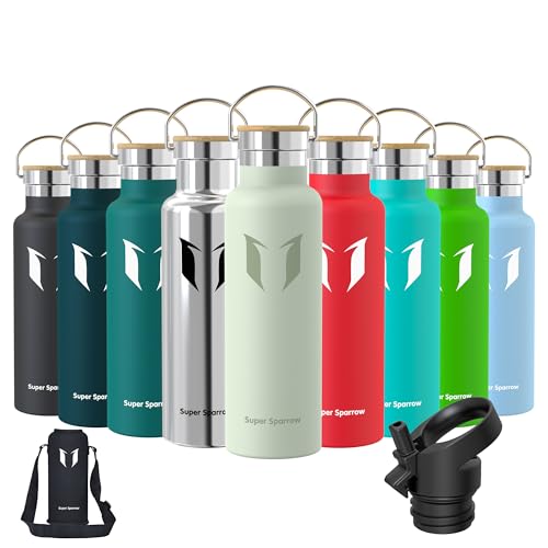 Super Sparrow Water Bottle Stainless Steel - 620ml - Insulated Metal Water Bottles - Standard Mouth Flask - BPA Free - Straw Bottle for Work, Gym, Sports - 2 Lids