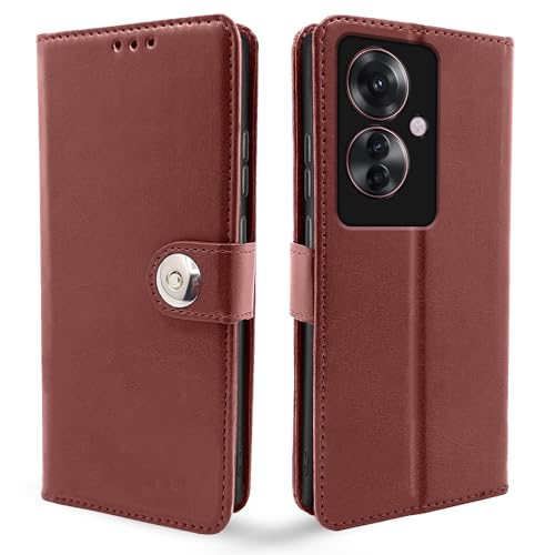 Image of Pikkme Oppo F25 Pro 5G Flip Cover Leather Finish | Inside TPU with Card Pockets | Wallet Stand and Shock Proof | Complete Protection Button Flip Case (Brown)