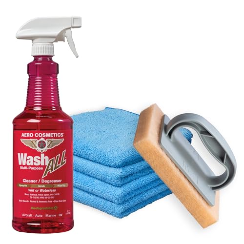 Wash All Multi-Surface, Multi-Purpose Cleaner Degreaser 32oz with Microrfiber Aero Towel and Bug Scrubber Pad. Kitchen, Bath, Floors, Furniture, Appliances, Home, Car, RV, and Boat