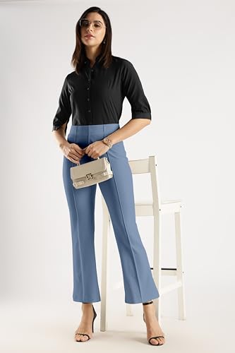Image of SWADESI STUFF Women's Bell Bottom Trousers - High Waisted Wide Leg Palazzo Pants | Stretchy Cotton Blend Retro Pants for Casual, Office, Party
