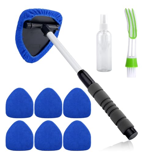 VAGCARS 9PCS Car Windscreen Cleaner, Auto Window Cleaning Tool, 180° Rotating Extendable Car Windscreen Cleaner Inside with 6 Reusable Microfiber Pads, 1 Spray Bottle, 1 Air Conditioning Brush