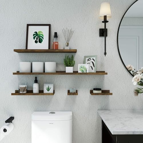 Image of Brown Floating Shelves for Wall Decor, 30 in Shelf with Lip Set of 2 | 4.5 inch Deep Display Picture Ledge Shelf, Long Wall Mounted Storage Shelves for Bedroom, Bathroom, Living Room, Kitchen, Nursery