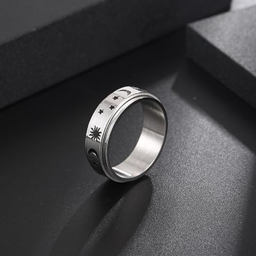 Mesnt Pierścień Spinner Męski, Męski pierścień obrotowy 7,6 mm z motywem słońca, księżyca i gwiazdy ze stali nierdzewnej, Bez kamieni szlachetnych