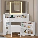 BTHFST Corner Vanity with Tri-Fold Mirror & Cushioned Storage Stool, Vanity Desk with Mirror and Lights, Makeup Vanity with Charging Station, Makeup Table with Drawers, Shelves, White