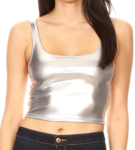 Sakkas 18-1507 - Women's Stretchy Sleeveless Liquid Metallic Club Crop Tank Top Made in USA - Silver - 2X