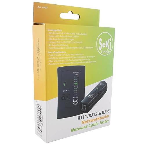 SeKi Netzwerktester für RJ11 RJ12 RJ45 Nezwerkkabel ISDN LAN Patchkabel Testgerät Leitungstester Messgerät Kabeltester - Schwarz zum Testen und Prüfen von LAN und Patchkabeln