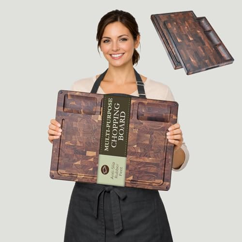 Premium Extra Large Thick End Grain Acacia Wood Cutting Board with Non-Slip Feet, Juice Groove, Sorting Compartments for Kitchen 20x15x1.5