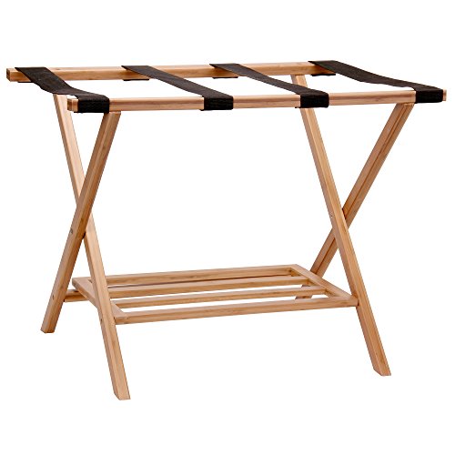 Household Essentials Fully Assembled Folding Luggage Rack with Lower Storage Shelf | Bamboo Frame with Black Straps