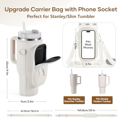 Image of linmaya Water Bottle Carrier Bag with Phone Pocket for Stanley 40 /30 oz Tumbler Neoprene Water Bottle Holder Pouch with 2 Adjustable Strap & 3 Leak Stoppers for Stanley Cup Accessories
