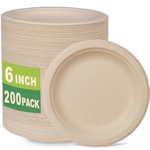 200 Count 6“ Small Compostable Dessert Plates, Heavy-duty Unbleached Biodegradable Bagasse and Bamboo fiber Paper Plates …