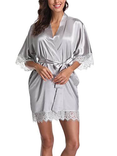 Women's Satin Robes Short Kimono Robe Bride Bridesmaid Robe Pure Color Bathrobe Silky Sleepwear With Lace Trim #TOP4