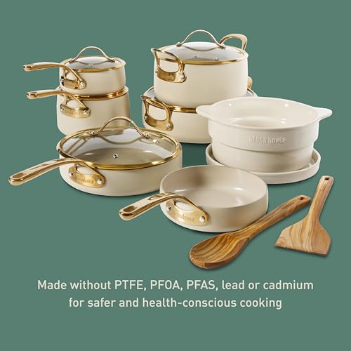 Bloomhouse - Two Time Oprah's Favorite Things Winner - 15 Piece Pots and Pans Heavy Duty Aluminum Premium PFA Free Ceramic Nonstick Cookware Set - Almond Cream w/Gold Handle by bloomhouse - Image 6
