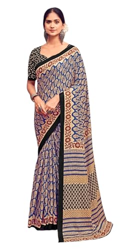 Image of Ikkat Hand Print Soft Mul Cotton Lightweight Saree with Blouse Piece, Multicolour