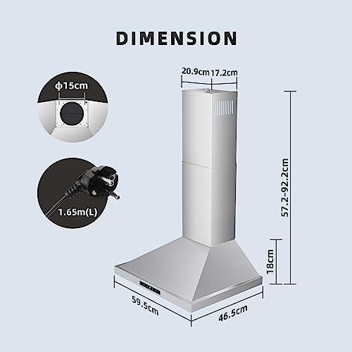 FIREGAS Dunstabzugshaube 60 cm, 335m³/h Wandhaube mit Touch-Bedienung und LED-Beleuchtung, Abluft und Umluft Dunstabzug mit 3 Leistungsstufen Energieklasse A, leise, Edelstahl