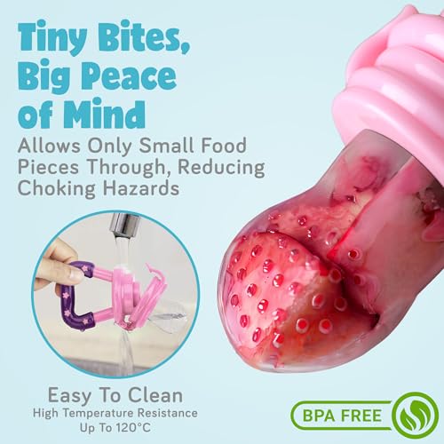 Baby Fruit Feeder, Teething Pacifier for Fruits, Veggies, or Frozen Milk, Food-Grade Silicone Teethers for Babies 6-12 Months, Baby Essentials for Teething Relief - Apple Green and Lychee Pink