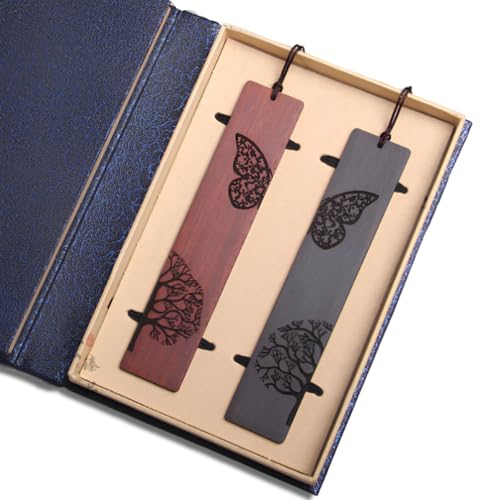 JDBlissful 2 Piezas Marcapáginas de Madera para Hombres y Mujeres, Mariposa y Arbol, Caja de Regalo, Marcapáginas Vintage, Marcapaginas Personalizado, per Gli Amanti dei Libri, Natale, San Valentino