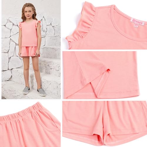 QPANCY Girls 2 Piece Outfits Stylish Tracksuit Ruffle Sleeve Top Kids Summer Shorts Clothing Sets4