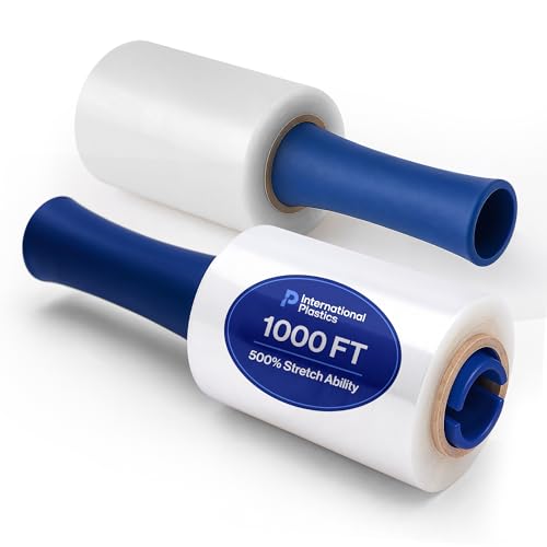 Image of International Plastics Co. 2 Pack of 5 inch Plastic Stretch Film Wrap with Rotating Handles 1000 feet Each 500% Stretch Ability