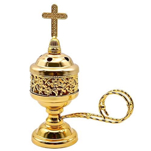 JREEPEE Solid Brass Color Incense Burner with Cross Lid - 6 Inch Charcoal Censer for Catholic Church Home Altar - Thurible for Frankincense Resin Bakhoor