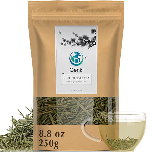 Genki - Organic Pine Needle Tea - Chinese Hand Harvested Pine Tree - Premium dried Needles from Masson Pine Variety, Better Variety than White Pine - Chinese Medicinal Herb | 8.8 oz / 250g Bag