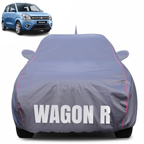 Image of 100% Waterproof Car Body Cover for Maruti Suzuki Wagon R (1999-2024) with Mirror Pocket (Heat & UV Resistant, Triple Stitched, Soft Lining, Bottom Elastic & Piping) Grey