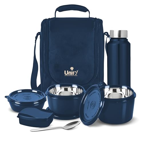 Image of Unify MealMate Lunch Box with 3 Microwave Safe Inner Steel Containers (500ml, 350ml, 200ml), 130ml Plastic Chutney Dabba, Water Bottle 750ml & Spoon | Office Tiffin with Insulated Bag, Blue