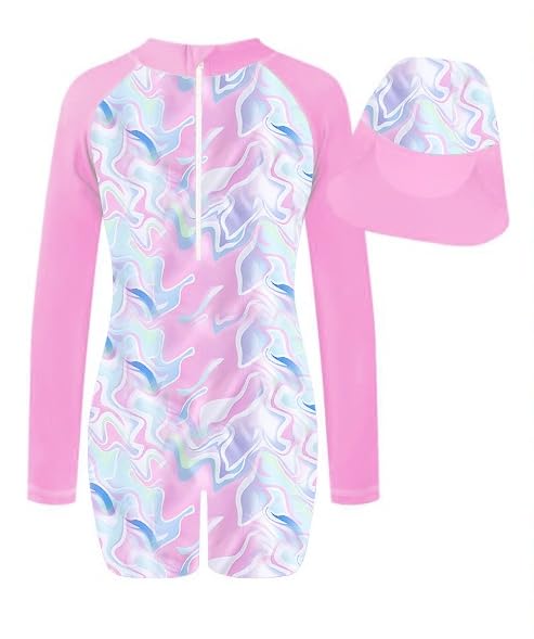 JiAmy Traje de baño de una pieza para niñas, traje de baño de manga larga con cremallera, protección solar UV, traje de baño de sirena con gorro de natación para niñas de 4 a 12 años, Onda rosa, 9-10