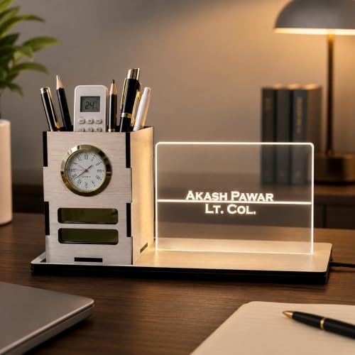 Image of Zesta Wooden Desk Organizer Pen Stand Remote Holder Card Slot | Table Accessory Office Desk Study Room | Pencil Storage Stand Stylish Workspace Decor (Beige, Custom Organiser)