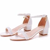 Sandales pour Dames 7 cm Talon épais Sandales Plates Bout Rond Sandales à Racine carrée Sandales à Perles Blanches Chaussures de Mariage de mariée,White 4cm,38