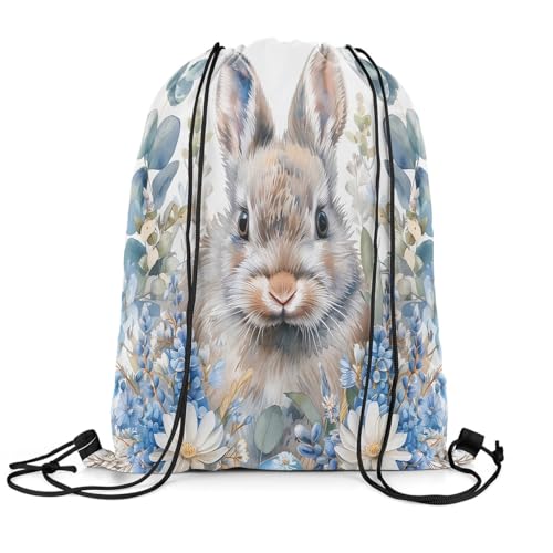 Watercolor Gray Brown Rabbit Drawstring Backpack 13"x16" Natural White Hippie Daisy Blue Floral Gym Sports Cinch Bag Sackpack for Women Men 3D Cute Wild Animal Drawstring Bag for Yoga3