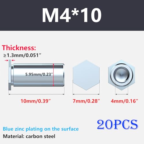 Ctyjia 20 Stück Nietmuttern, Sechskantnietmutter, M4x10mm Innengewinde Laufmuttern, Rivnut aus verzinktem Kohlenstoffstahl für Stahl, Legierung, Metall