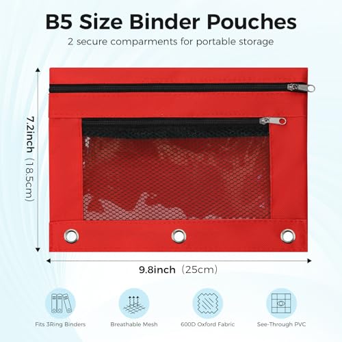 Image of Pencil Pouch for 3 Ring Binder, Pencil Case Bag with Zipper, 600D Fabric Pencil Pouch Holder Accessories, Clear Window Pencil Case Aesthetic Back to School Organizer Pockets for Boy Girl (Red)