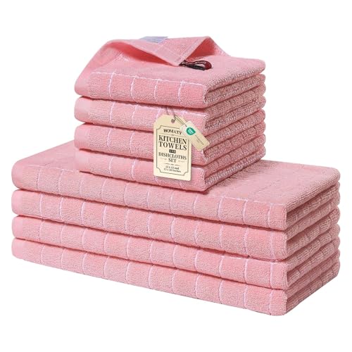 Homaxy Kitchen Towels and Dishcloths Set, 12 x 12 and 13 x 28 Inches, Set of 8 Bulk Cotton Terry Kitchen Towels Set, Checkered Designed, Soft and Super Absorbent Dish Towels, Pink
