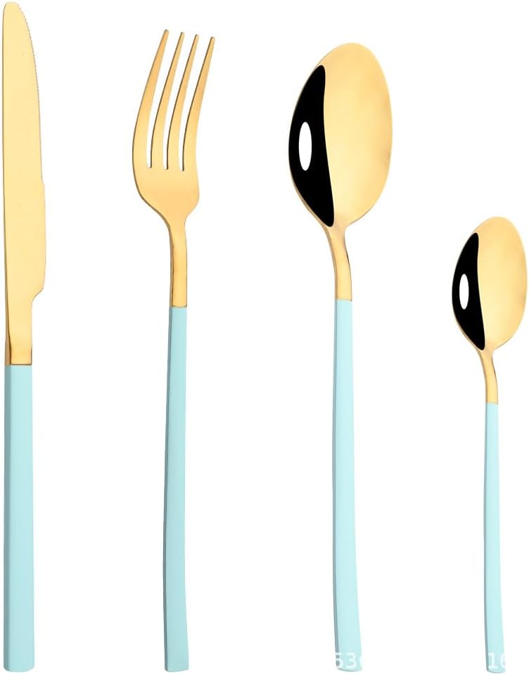 Silverware Flatware Set, 4/16/24/32/40/48 Pieces Champagne Gold Stainless Steel Cutlery And Spoons Household Metal Main Dinner Spoon Steak Cutlery Set Tableware(Green Gold,4Set-16Pcs)
