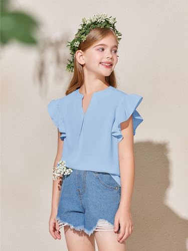 Haloumoning Girls Summer T Shirts Kids Fashion V Neck Ruffle Short Sleeve Tops Blouse 5-14 Years3