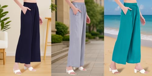 Image of Buy That Trendz Palazzo Pants for Women Rayon Elasticated Regular Fit Flared Wide Leg M to 6XL Pack of 3