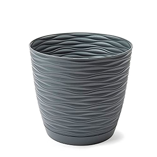 Acan Tradineur - Maceta Redonda con Plato - Diseño Wind (Ø 19 cm) - Fabricado en plástico - Ideal para jardín Exterior, terraza o balcón - Color Antracita