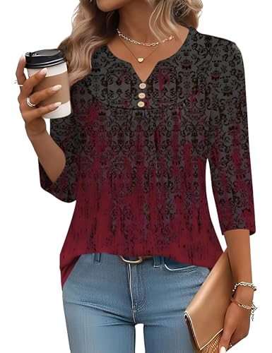 LOMON Womens Blouses 3/4 Length Sleeve Womens Tops 2026 Spring Summer Fashion Trendy Tunics V Neck Pleated Shirts (Wine Red Floral,S)