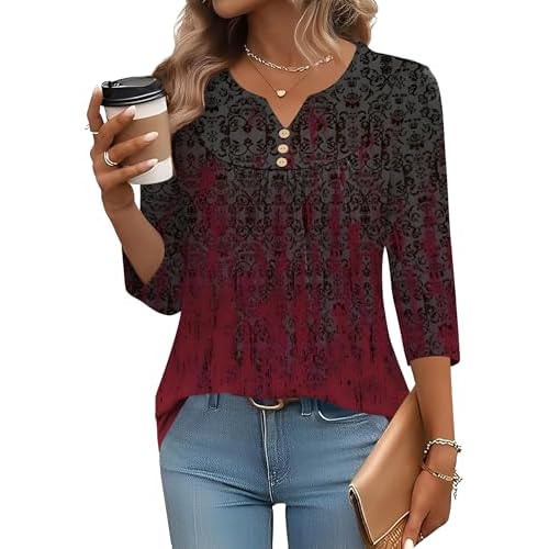 LOMON 3/4 Length Sleeve Womens Tops Dressy Casual Henley V Neck Blouses