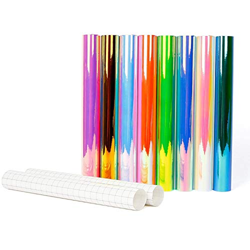 HOTOOLME Holografisch chroom lijm vinyl - 8 stuks 30 x 30 cm permanent opaal ambachtelijke vinyl en 2 transferpapier voor decoratie, compatibel met alle snijmachines