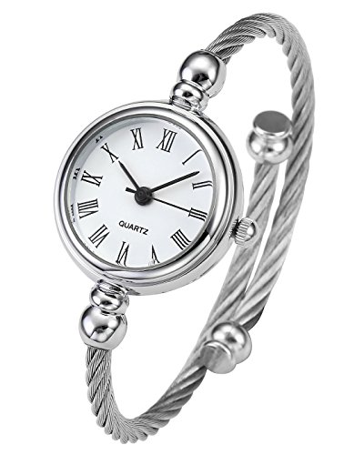 Top Plaza Womens Fashion Silver Tone Analog Quartz Bangle Cuff Bracelet Wrist Watch, Unique Elegant Stainless Steel Wire Band, Roman Numerals - White