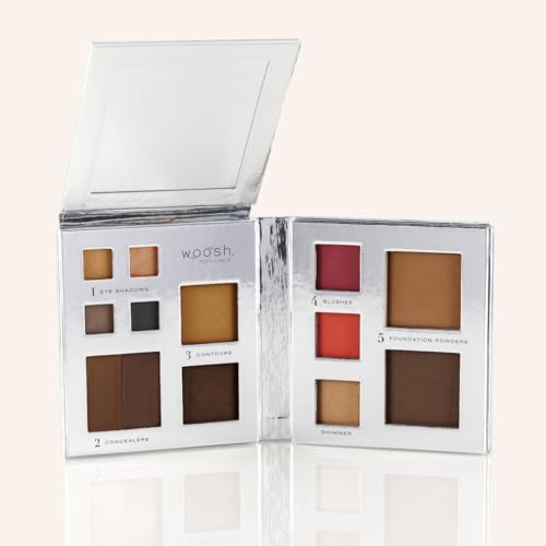 Woosh Beauty Fold Out Face Refillable Makeup Palette for Women in Silver – All-in-One Face Makeup Kit with Foundation, Concealer, Contour, Blush, Highlighter & Eyeshadow – Curated Shades by Skin Tone