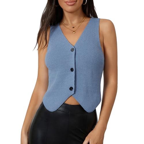 Women Knit Vest Top Y2k V Neck Sleeveless Button Up Crochet Going