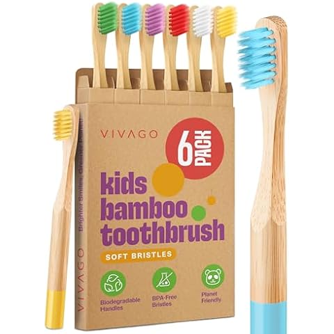 VIVAGO Kids Bamboo Toothbrushes Soft Bristles 6 Pack - Biodegradable Wooden Children Toothbrush Set - Eco-Friendly Natural Kids Toothbrush Cover