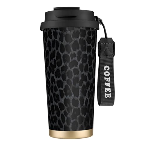 Image of "Artypop" Black Leopard Pattern, Print 16 Oz(500ml) Tumbler Stainless Steel Insulated Travel Mug with Leakproof Lid and Straw,Double Walled Vacuum Coffee Cups for Hot and Cold Drinks