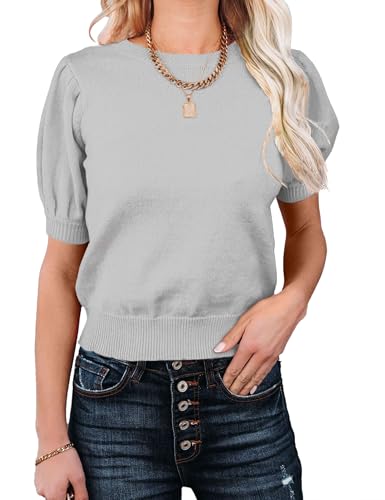 Image of Womens Puff Short Sleeve Sweater Tops Crewneck Basic Knit Pullover Lightweight Casual Sweaters