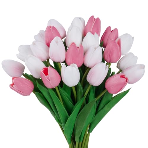 FANCYEASY 24 Pcs Tulips Artificial Flowers with Stems White and