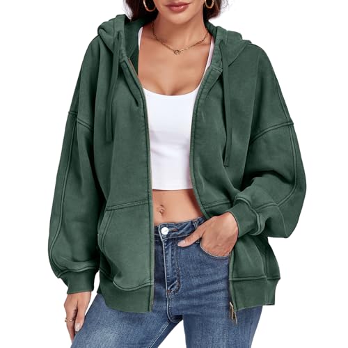 ALSOGO Womens Double Zip Up Oversized Hoodie Fleece Acid Wash Long Sleeve Sweatshirts Distressed Vintage Cotton Jackets with Drawstring Army Green L