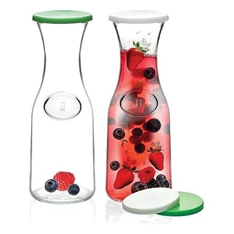 Table Concept Glass Carafe Pitchers with Lids, Carafes with Lids, 2 Glass Carafes for Mimosa Bar with 4 Lids, Water Pitcher, Clear Jugs for Water, Milk and Juice, Bedside Water Carafe Cover