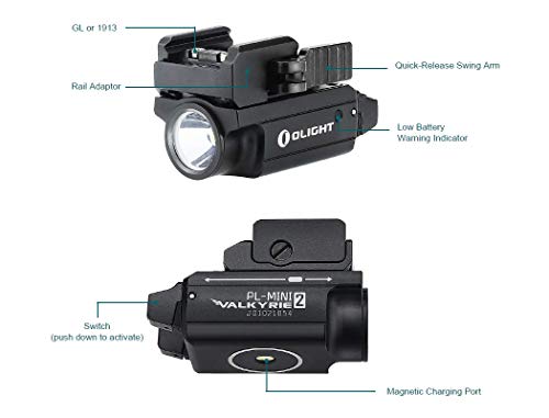 Olight Pl-Mini 2 Valkyrie 600 Lumens Magnetic Usb Rechargeable Compact Weaponlight With Adjustable Rail, High Performance Cw Led Tactical Flashlight With Built-In Battery #TOP6